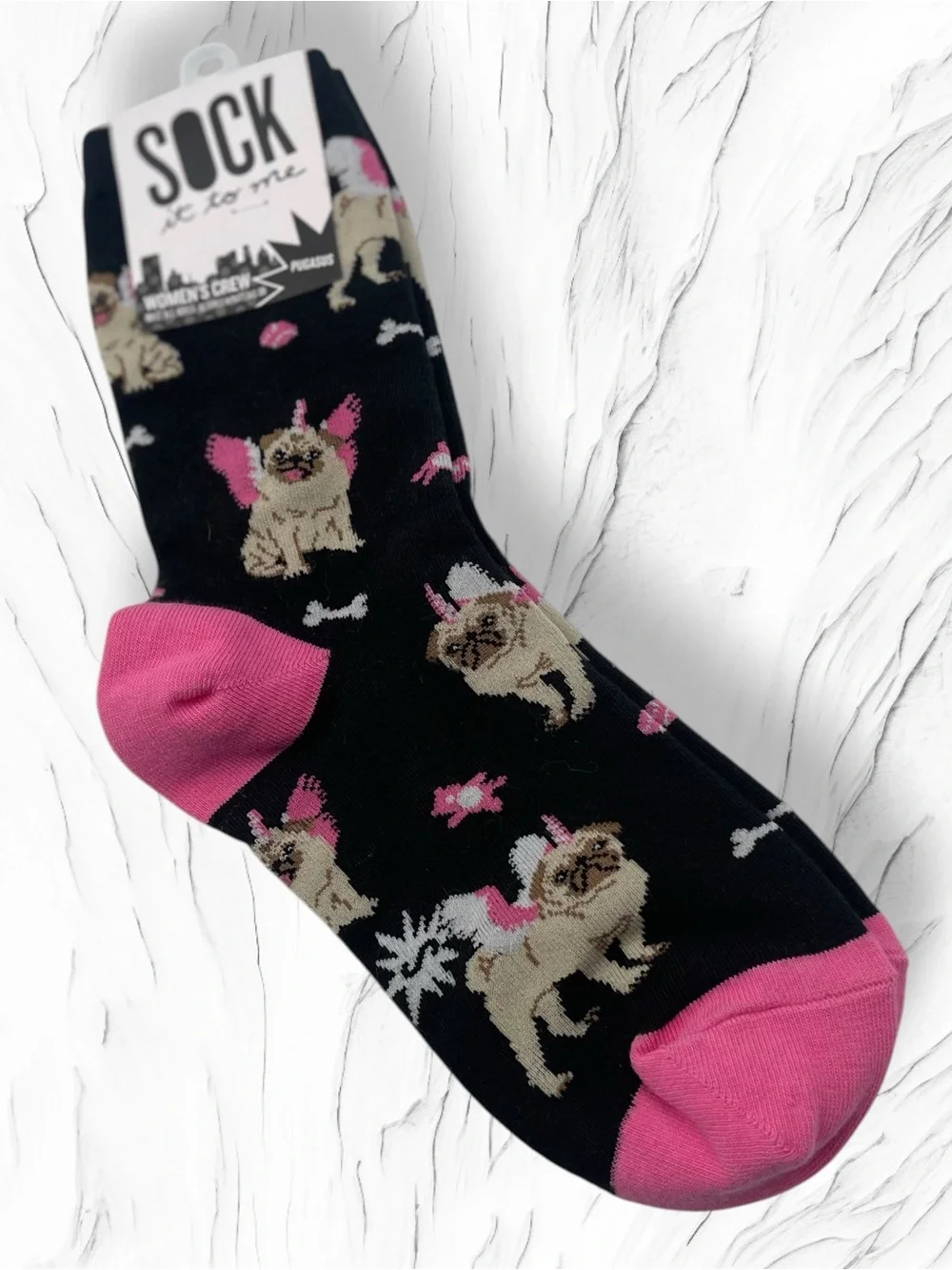 Sock It to Me NWT Pugasus Flying Pug Unicorn Women's Crew Socks Pink Black